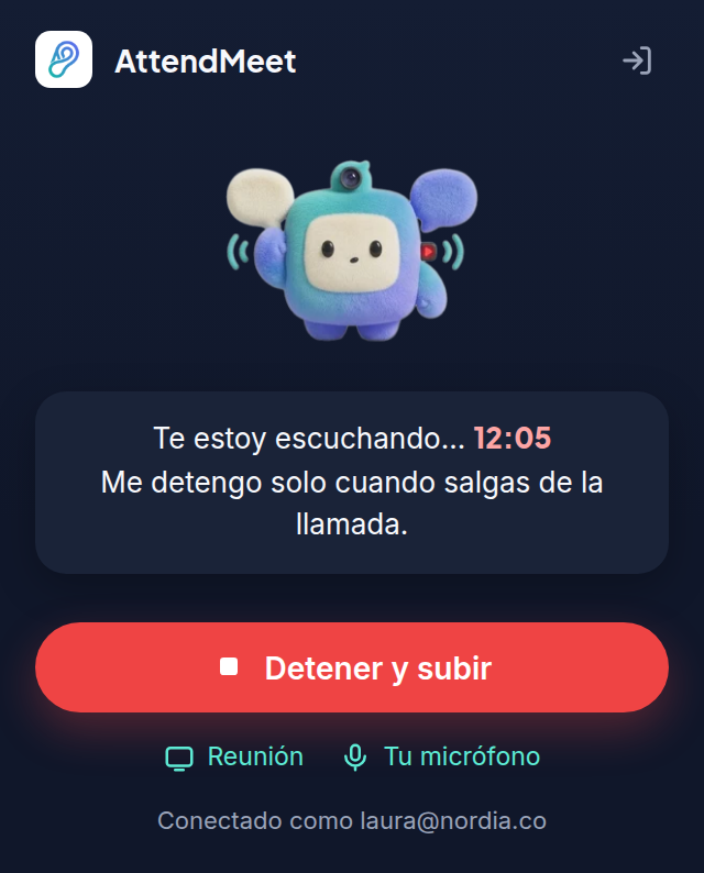 Popup real de la extensión AttendMeet grabando una reunión